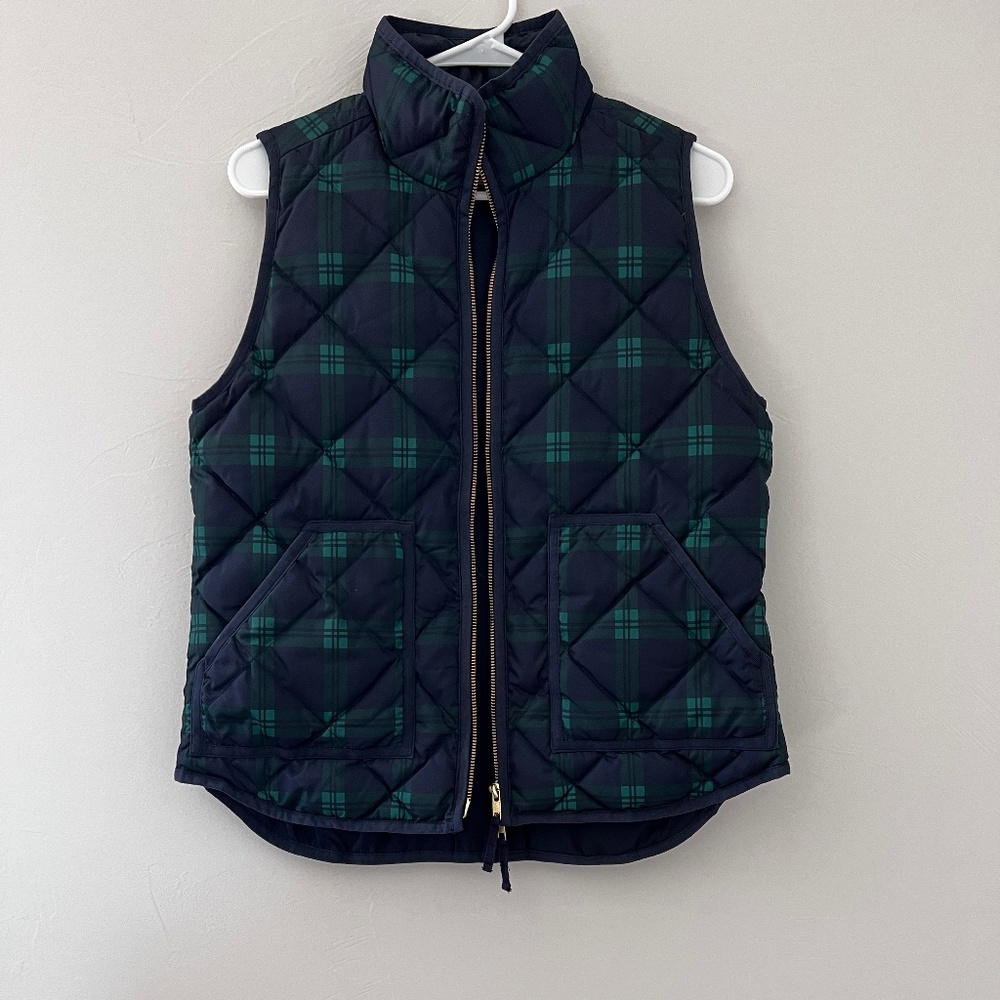 J. Crew Navy/Green Plaid Puffer Vest Size Small